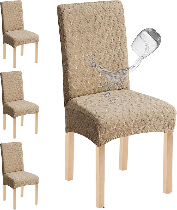 Genina Waterproof Chair Covers for Dining Room Set of 4, Removable Washable Chair Slipcover Protectors, Khaki