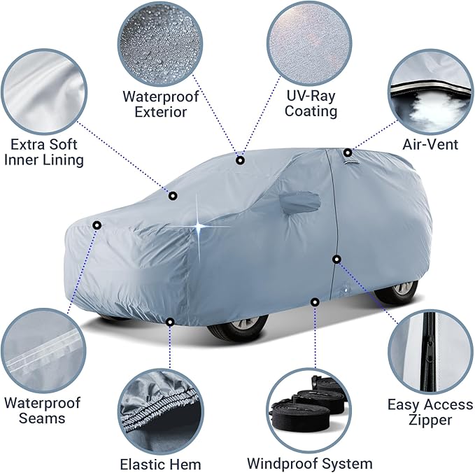 iCarCover 18-Layer SUV Car Cover Waterproof All Weather, UV Sun Protection Full Car Covers for Automobiles, TX350, Escalade, Armada, Sequoia, Tahoe, Navigator, Benz GLS, Size S54 (See Size Chart)