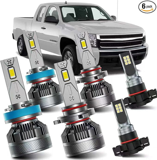 AWALITED Fits for 2007-2015 Chevy Silverado 1500 2500 3500HD High Low Beam Fog Lights Bulbs Combo, 6000K White Plug-and-Play Super Bright Light Bulbs, Pack of 6