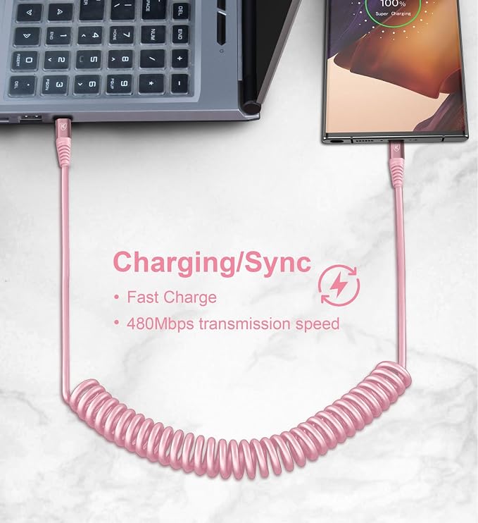 USB C to C Cable 6FT, 2Pack Coiled USB C Fast Charging Cable for CarPlay | iPhone USB-C Cable/Android Auto USB C Cord, USB Type C Cable for iPhone 17/16/15/Pro Max/Samsung Galaxy S23 and More-Pink