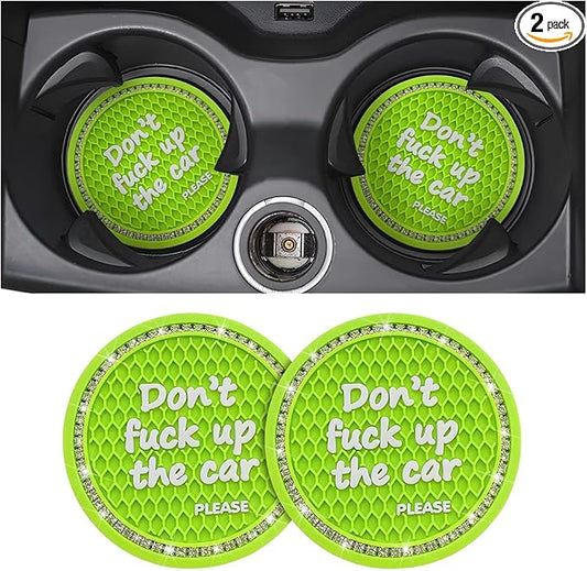 2 Pack Bling Car Coasters for Cup Holder, Crystal Rhinestone 2.75 in Cup Holder Coaster, Silicone Anti-Slip Insert Cup Mats for Women, Interior Accessories Universal for Most Cars (Green)