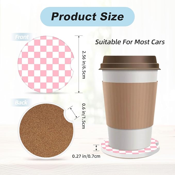 Pink and White Checkered Car Coasters for Cup Holders,2 Pack Car Cup Holder Coasters for Car,Ceramic Absorbent Car Coaster with A Finger Notch and Cork Base,Car Interior Accessories for Women Men