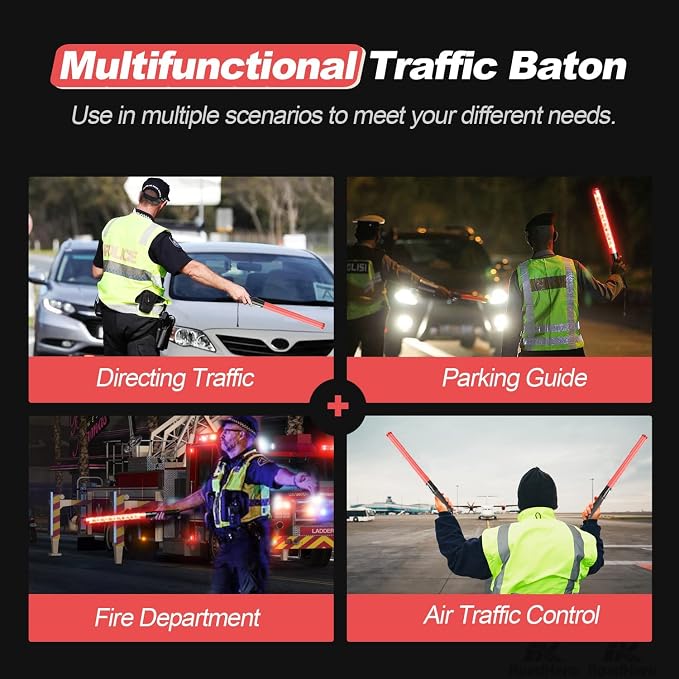 RoadHero 10 Pack 21 Inch Traffic Wand, Brightness Traffic Control Baton with 2 Flashing Modes, Safety Marshalling Wands with Side Clip for Airport, Parking Lot, Car Directing