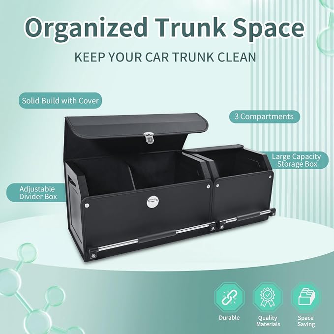 Car Trunk Organizer, Collapsible Leather Car Trunk Storage Organizer with Lid and Sturdy Handle Car Organizer and Storage for SUV, Truck, Sedan (Black, 36.2 x 11.4 x 12.2in)