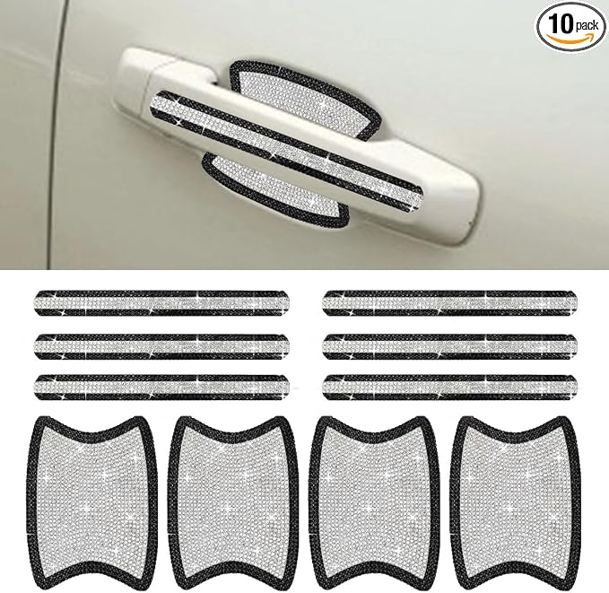 ZIMISI 10PCS Bling Car Door Handle Protector, Crystal Rhinestone Anti-Scratch Car Bowl Decoration Sticker Decal, Universal Auto Exterior Door Protective Covers Accessories for Women (Black/White)