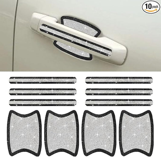 ZIMISI 10PCS Bling Car Door Handle Protector, Crystal Rhinestone Anti-Scratch Car Bowl Decoration Sticker Decal, Universal Auto Exterior Door Protective Covers Accessories for Women (Black/White)