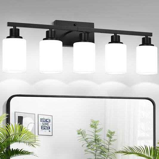 5-Light Bathroom Light Fixtures, Vanity Light with Milky White Shades, Matte Black Bathroom Light Fixtures Over Mirror, Modern Bathroom Wall Lamp for Mirror Living Room Cabinet Bedroom