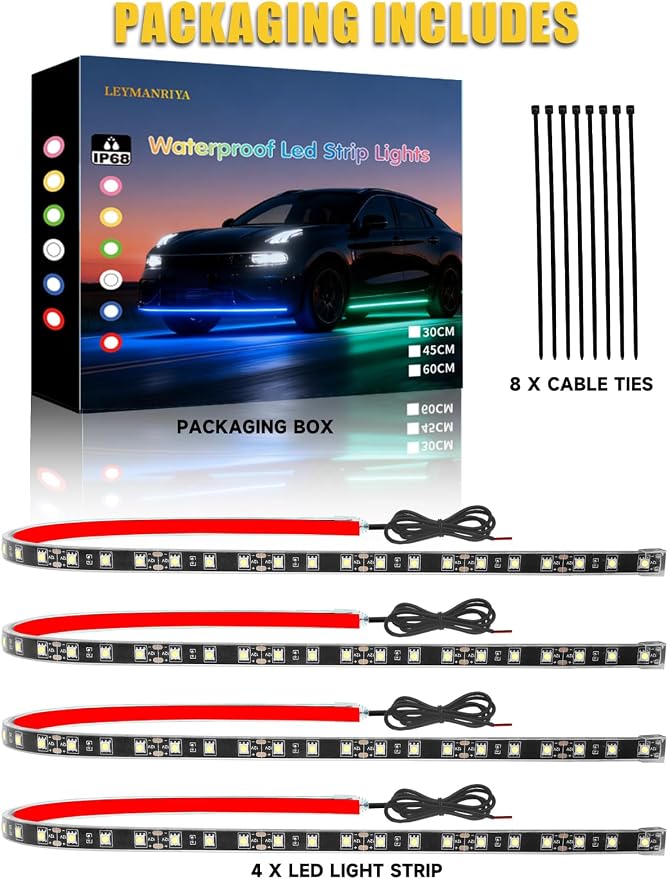 Car LED Strip Lights IP68 Waterproof Cuttable 24inch White 4 Pcs | 12V Footwell & Underbody Lights, 5050 SMD Beads, Interior & Exterior Light, Fits SUVs, Trucks, Motorcycles, Boats, Golf Carts