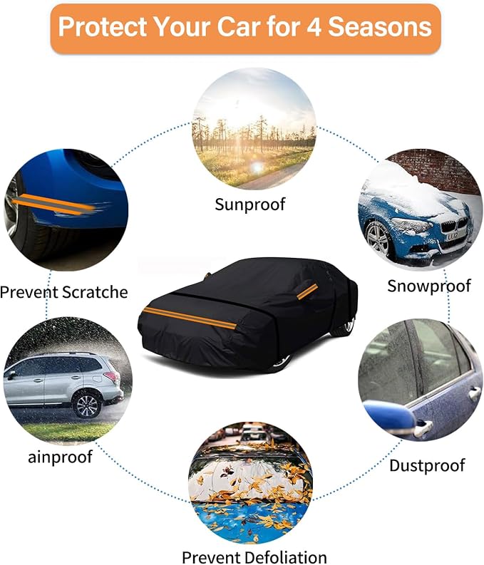 600D Heavy Duty Car Cover Custom Fit for Sedan Length 175-185 inches, Waterproof Outdoor Full Car Cover with Door Zipper, Windproof Snowproof Hail Protection, Black