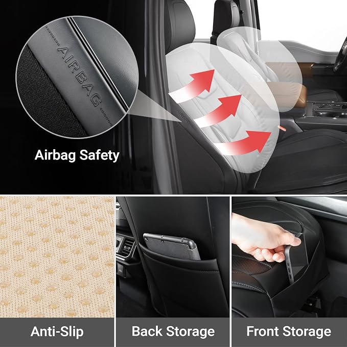 Coverland Custom Truck Car Seat Covers Front Seats for [2017-2025 F150 Raptor Super, SuperCrew Cab] - Protector Water Resistant Leather Memory Form Back Support Seat Cushion [Front-Black]