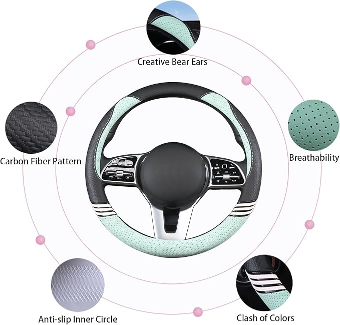 Small 14 inch Cute Leather Steering Wheel Cover Black and Green | Breathable Non-Slip Faux Leather and Carbon Fiber Car Accessories for Women Men 13.5 inch to 14 inch