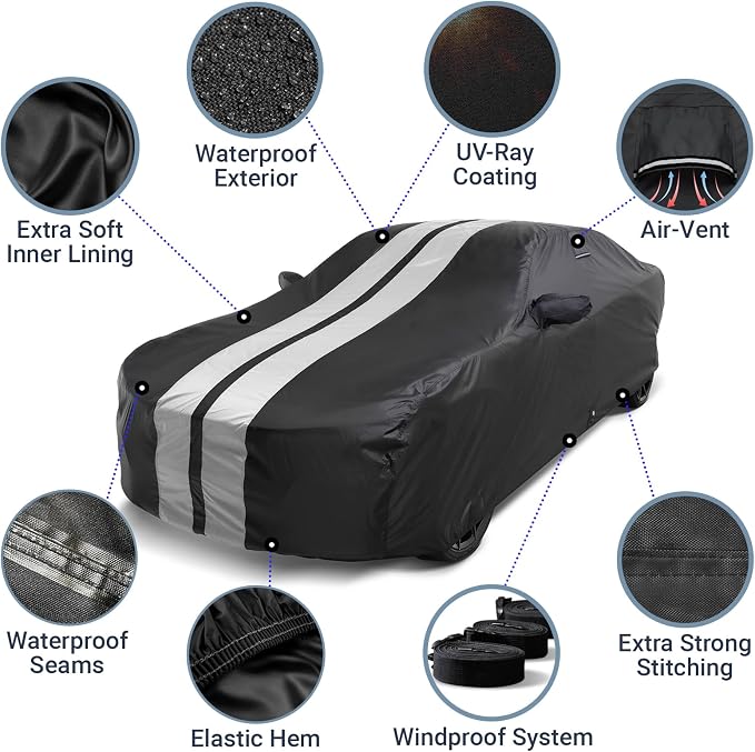 iCarCover Premium Heavy Duty Car Cover - Waterproof All Weather Rain Snow UV Protection, 3-Series, M3, Mustang, Genesis Coupe, G35 G37 Coupe, 3000GT, Size C13 (See Size Chart), Stripe - Black/Gray