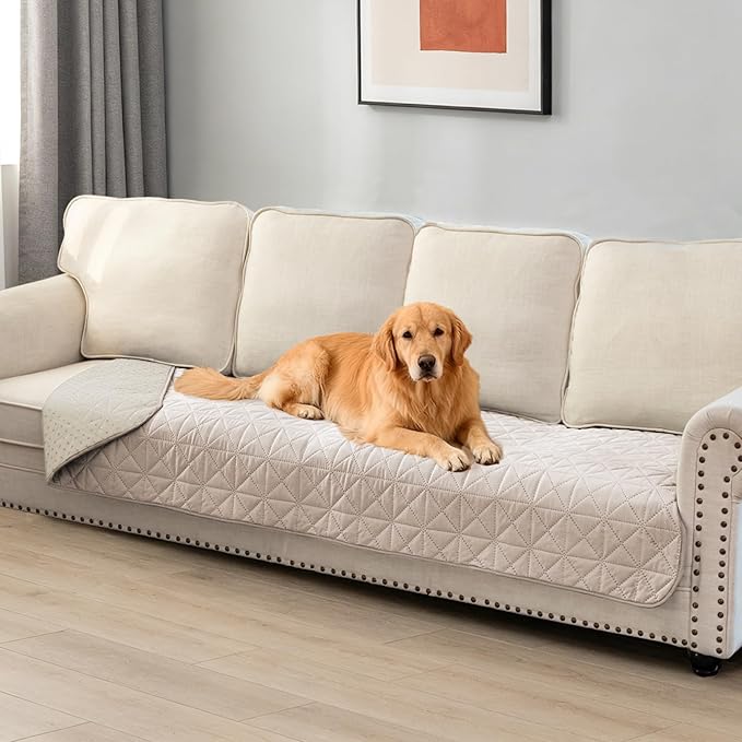 Ameritex Sofa Cover Waterproof for Seats Couch Cover for Dogs Pet Couch Cover Velvet for Chair Loveseat Sofa Machine Washable (Beige, 30x80 Inch)