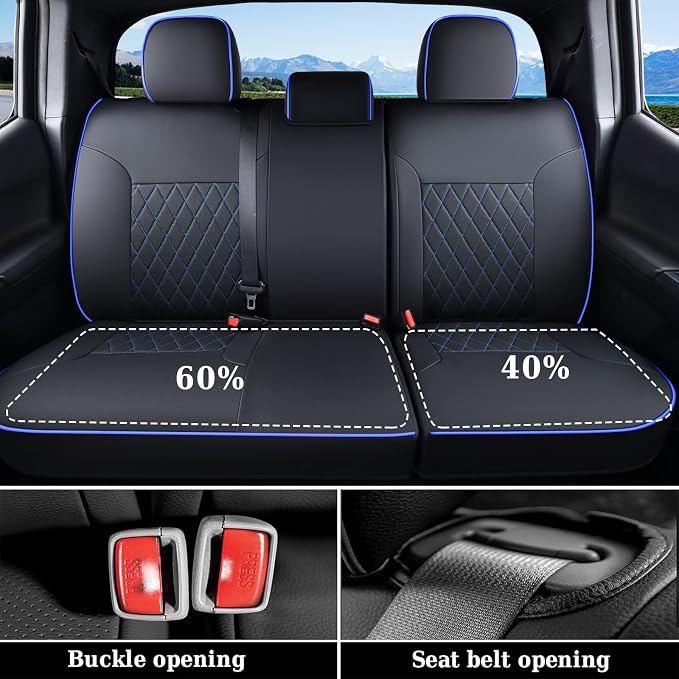 Coverado Tacoma Seat Covers Full Set, Faux Leather Seat Covers Custom Fit for 2016-2023 Toyota Tacoma Double/Crew Cab Base Prerunner SR5 Limited TRD Sport Interior Covers (Blue Line)
