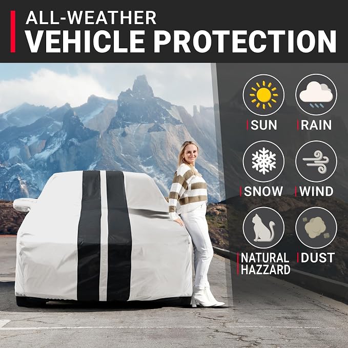 iCarCover Premium Heavy Duty Car Cover - Waterproof All Weather Rain Snow UV Protection, BRZ, 300ZX 2-Seater, Fiero GT Fastback, RX-7, GR86, MR2, Size C34 (See Size Chart), Stripe - Light Gray/Black
