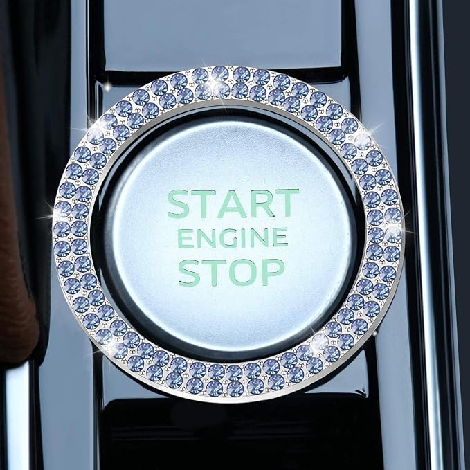 LivTee Car Engine Start Stop Decoration Ring, Crystal Double Rhinestone, Push to Start Button Cover/Sticker, Key Ignition & Knob Bling Ring, Bling Car Interior Accessories for Women, Light Blue