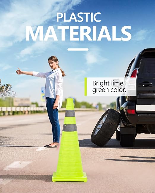 BATTIFE [4 Pack] 28 Inch Collapsible Traffic Cones, Lime Green Safety Cones, Pop-up Cones with Reflective Collar, for Driving Practice,Road Parking (Green)