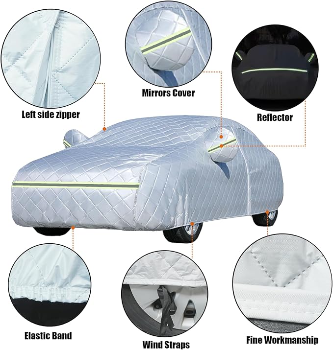 Hail Protector Car Cover, 7 Layers Thickened Heavy Duty Car Covers for Automobiles, All Weather Season, Anti-Hail UV Protection Snowproof Outdoor Full Cover, Universal Fit Sedan 186" to 193"(Silver)