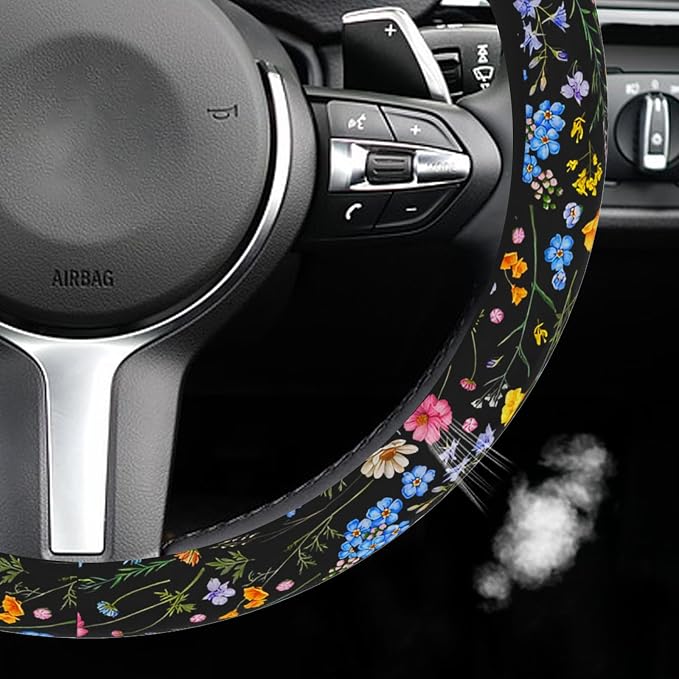Wildflower Steering Wheel Cover for Women Men, Anti-Slip Breathable and Sweat Absorption Universal 14.5-15 Inch Cute Steering Wheel Protector, Wildflower Floral Car Accessories