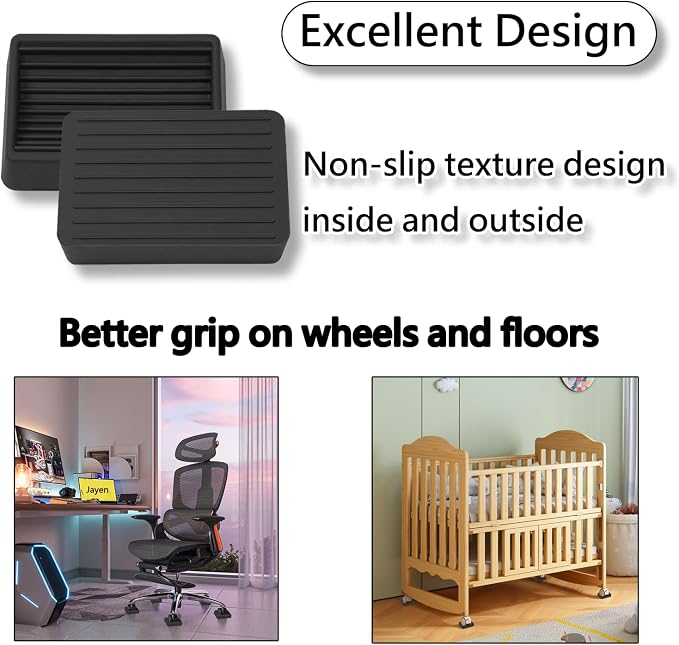 Jayen Bed Wheel Stoppers, 8 Pack Rubber Caster Stoppers, Black | Dual-Sided Anti-Slip Texture Keeps Furniture Securely in Place While Protecting Hardwood, Tile, and Other Floors