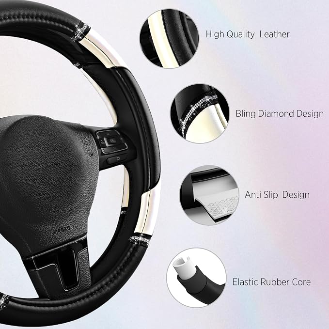Road Comforts Leather Steering Wheel Cover - Made with PVC Leather - Anti-Slip, Universal Fit 14 1/2 inches to 15 inches - White