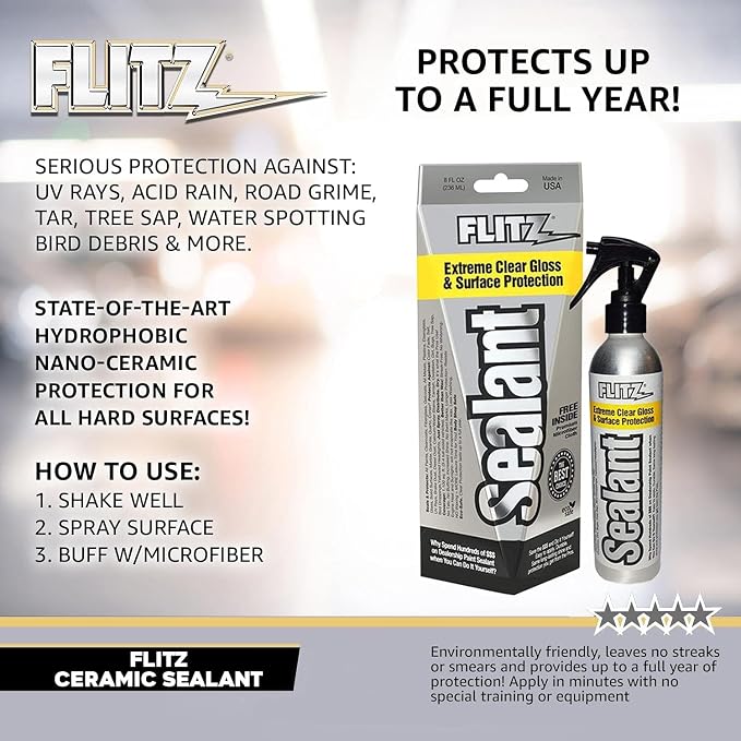Flitz Ceramic Sealant - 8oz Bottle of USA-Made Ceramic Coating for Cars, Boats, Glass - Repels Water, Polishes, and Protects for 1 Year - Protection Car Spray (1 Pack)