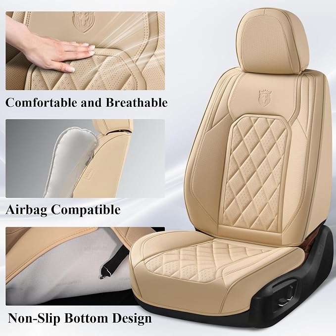 Coverado Front Seat Covers, Luxury Faux Leather Waterproof Seat Cover, Beige Car Seat Protector, Car Seat Cover Front Seats, Automotive Seat Covers Universal Fit for Most Cars (Front, Beige)