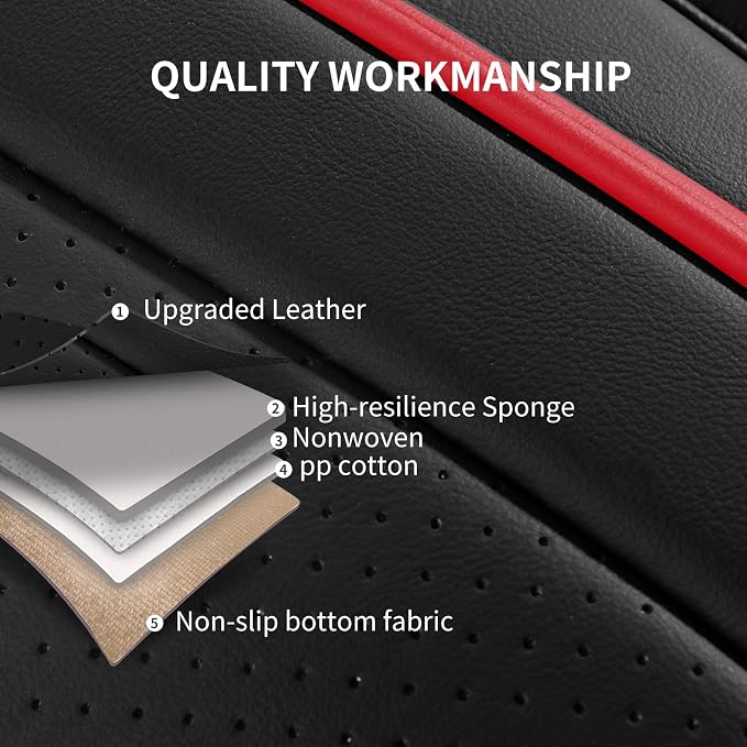 HChengkikz Front Car Seat Cover, Waterproof Faux Leather (Black + Redline) | Easy Maintenance, Airbag Compatible, Universal Fit For Most SUVs Trucks Pick-ups Sedans