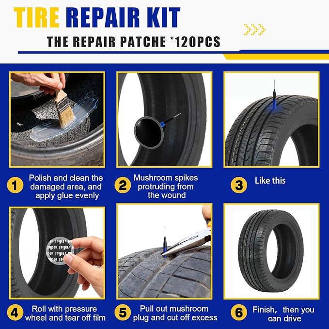 Tallew 148 Pcs Heavy Duty Tire Patches Kit Rubber Radial Tire Repair Patch Plug Kit Repair Emergency Tool for Puncture Car Truck Bus Tractor Vehicle Motorcycle 32mm, 42mm, 58mm, 65x80mm, 85x120 mm