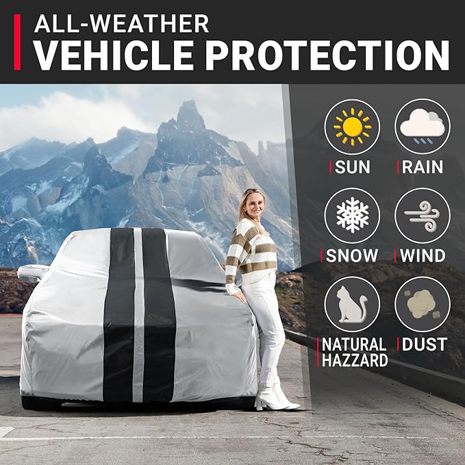 iCarCover Premium Heavy Duty Car Cover - Waterproof All Weather Rain Snow UV Protection, M3, 3-Series, Cascada, G37 Sedan, C-Class, Prius Prime, Model 3, Size C15 (See Size Chart), Stripe - Gray/Black