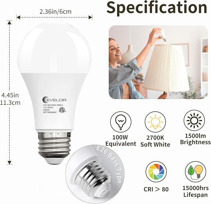 evelor 24-Packs A19 LED Light Bulbs,100 Watt Equivalent 2700K Soft White Bright Bulbs Efficient 13W,1500 Lumens E26 Base, Non-Dimmable, 15000-Hour Lifespan for Bedroom, Living Room, Office
