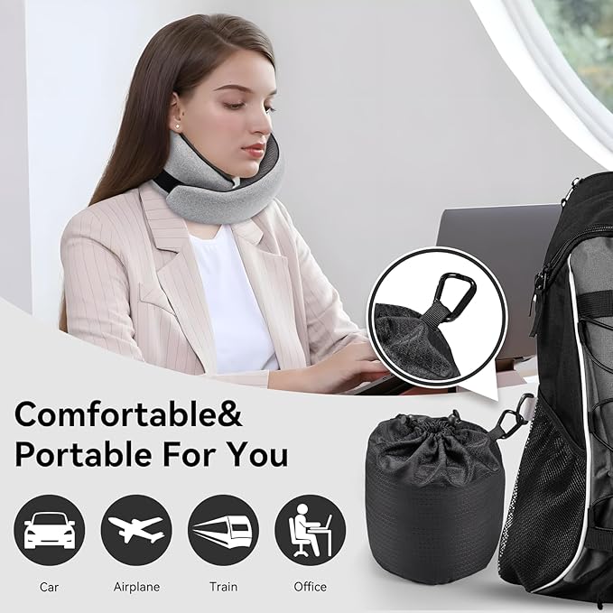 Travel Neck Pillow for Airplanes, Memory Foam Neck Pillow with Ergonomic 360° Support, Compact Design for Plane, Car & Office Travel Essentials, Gray