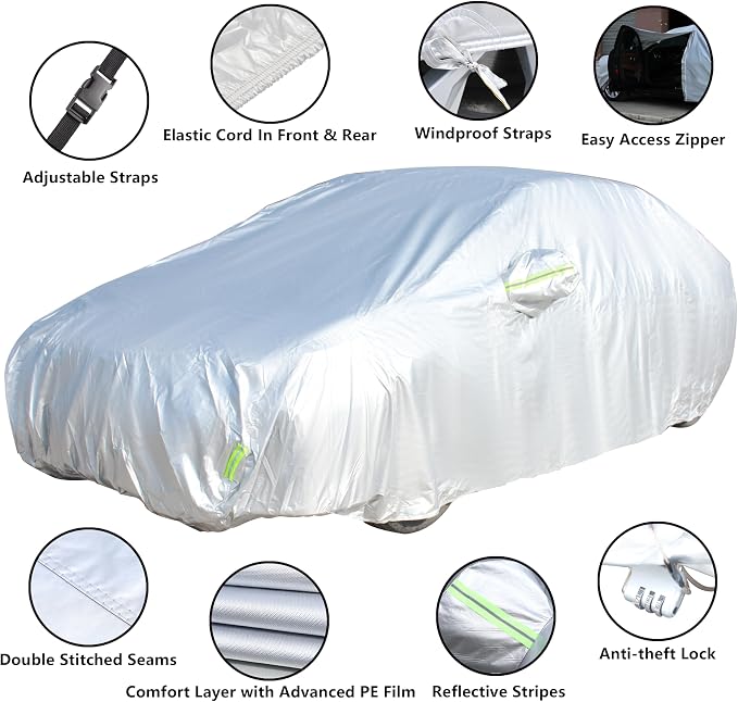 Car Cover Fit for 201-210 inches Length Sedan Waterproof All Weather Outdoor Full Cover Rain Sun UV Protection Driver Side Door Zipper Dirtproof, Scratch Resistant, Breathable, Dustproof