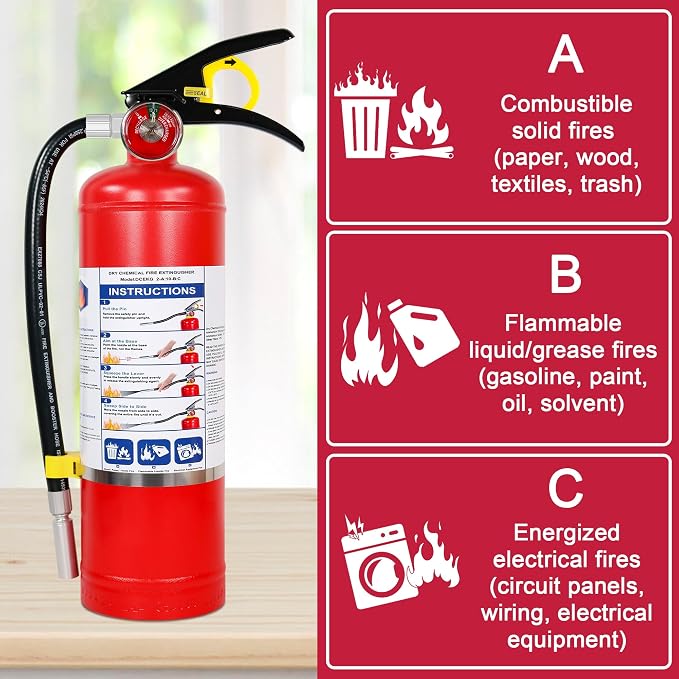 5 lb ABC Dry Chemical Fire Extinguishers, 2A:10B:C Rating with Quick Release Handle, Suitable for Electrical, Grease, Wood & Liquid Fires, for Home, Business, Boat, Truck & Car