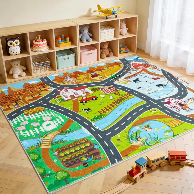 Car Rug Play Mat for Kids Toy Cars, 8' x 10' Town Country Barn Track Four Seasons Farm Theme Traffic Carpet, Non-Slip Washable Area Rug for Kids Room Bedroom Play Area, Fun Learning Rugs for Children
