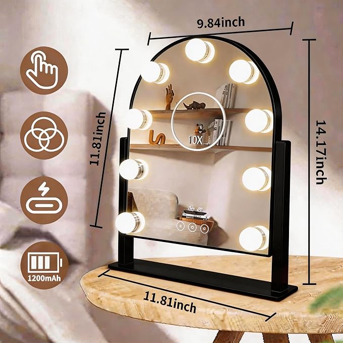 Arched Makeup Vanity Mirror with LED Lights Makeup Mirror Detachable 10X Magnification, Hollywood Make Up Mirror with Lighting, Smart Touch, Rechargeable,360° Rotation,Black 14.17"x 11.81"