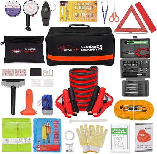 Vetoos Roadside Emergency Car Kit with Jumper Cables, Auto Vehicle Safety Road Side Assistance Kit Essentials, Winter Car Kit for Women and Men, with Mini Car Tool Set, Dial Tire Pressure Gauge