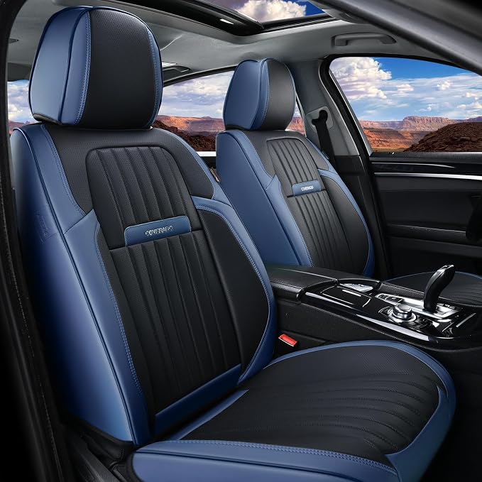 Coverado Car Seat Covers Front, Seat Covers for Cars, Waterproof Car Seat Cushions, 2-Pack Leather Carseat Seat Protectors, Universal Seat Covers Fit for Most Sedans SUV Pick-up Trucks(Blue&Black)
