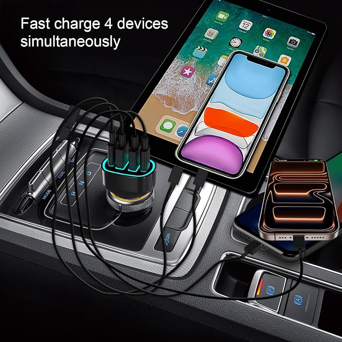 USB C Car Charger Adapter, PD 3.2 QC 5.0 Fast Charging, 4-Port Multi Car Phone Charger Compatible with iPhone 17 16 14 13 Pro Max, Galaxy S25 24 Ultra