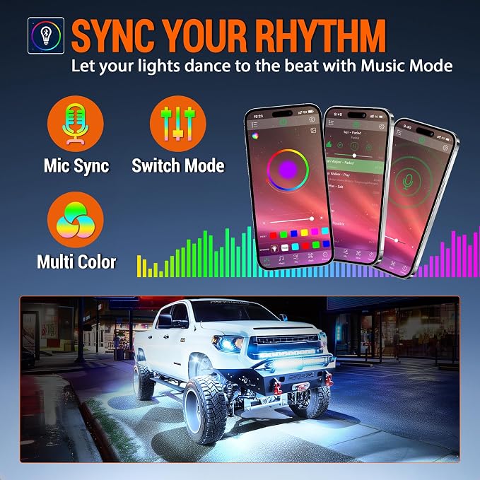 RGB Rock Lights, 8 pods Underglow Neon Lights Kits，APP/RF Remote Control & Music Mode, Waterproof Wireless Multicolor Lamps for Off Road Truck SUV ATV UTV Boat