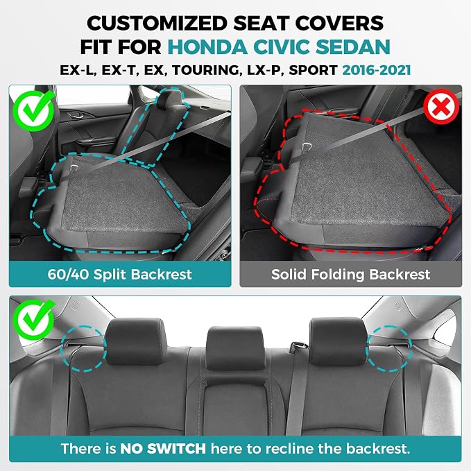 Seat Covers for Honda Civic Sedan EX-L, EX-T, EX, Touring, Sport 2016-2021, Faux Leather Car Seats Cover Full Set Waterproof Black (60/40 Split Seatback-with Rear Armrest)