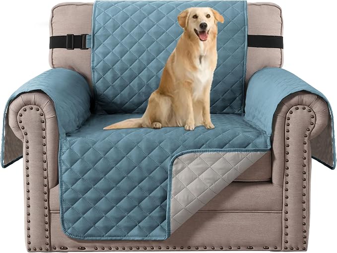 H.VERSAILTEX Reversible Chair Sofa Slipcover Water Repellent Chair Cover Non Slip Pet Couch Protector Washable Furniture Protector with Elastic Strap for Kids(Armchair, Cameo Blue/Beige)