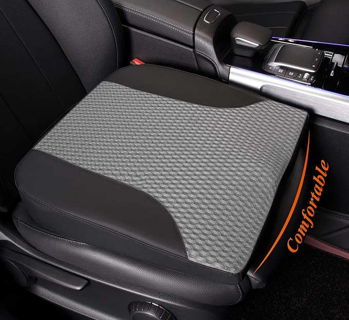 kingphenix Car Seat Cushion – Memory Foam Pad for Driving Comfort – Boosts Height and Relieves Coccyx & Lower Back Pain – Car, Truck, Office Chair (Leather Black & 4D Mesh Gray)