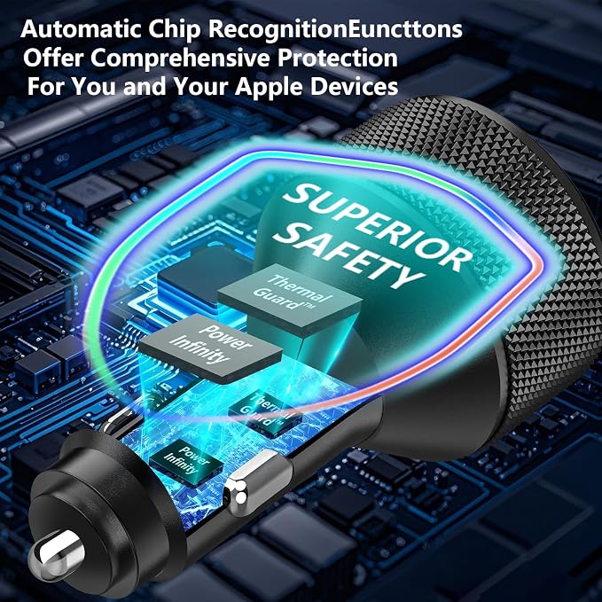 [Apple MFi Certified] iPhone 17 Car Charger, Rombica 4-Port 90W USB-C&USB-A Car Power Cigarette Lighter PD/QC Fast Car Charger + Type-C Braided Cord for iPhone 17/17 Pro/16 Pro/15/Galaxy S26/S25/Pixel