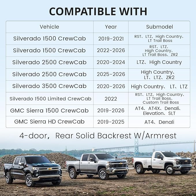 EKR Silverado Seat Covers Custom Fit for (Crew Cab) 2019-2026 Chevrolet Silverado 1500/1500 Limited/HD 2500/3500, Rear Row W/Armrest,Faux Leather (Black with Blue Trim)