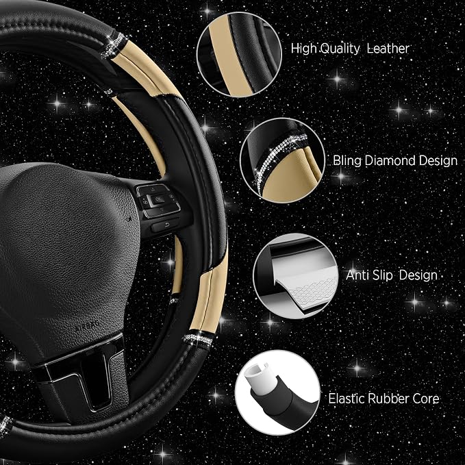 Road Comforts Leather Steering Wheel Cover - Made with PVC Leather - Anti-Slip, Universal Fit 14 1/2 inches to 15 inches - Beige