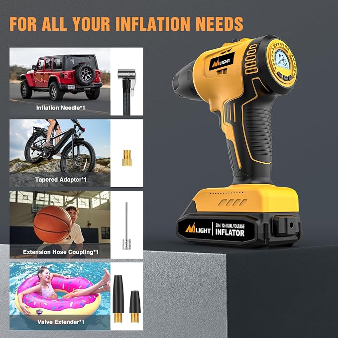 Nilight Cordless Tire Inflator Air Compressor Dual Power Supply 20V Rechargeable Battery Powered 150PSI Handheld Air Portable Pump with 12V Adapter Digital Pressure Gauge for Cars Motorcycles