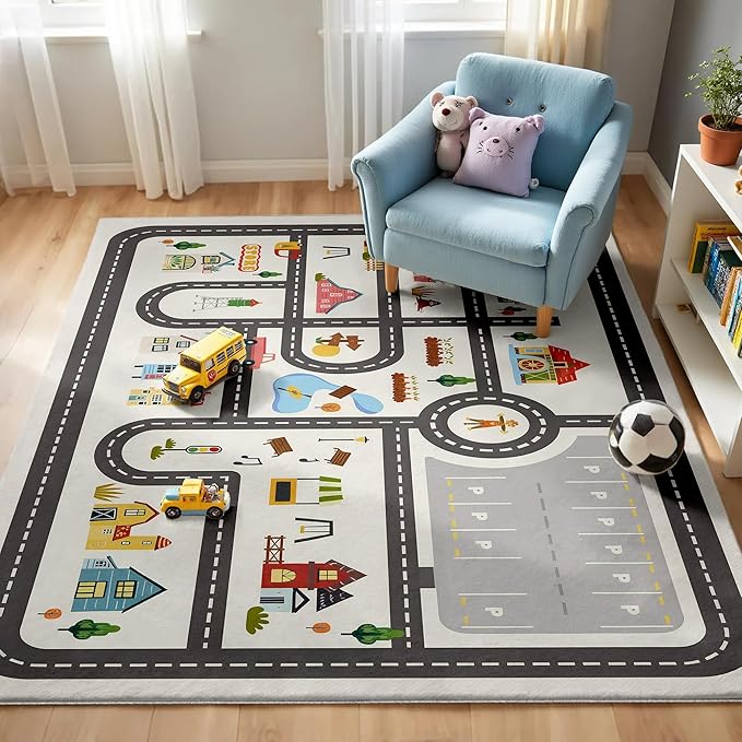 Nayoroom Kids Town Road Playroom Rug, Faux Wool Car Map, Non-Slip, 4 x 6 ft | Interactive town road map; Community scenes; Soft faux wool surface; Non-slip backing; Easy-care room accent