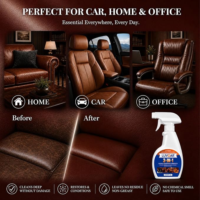 Leather Cleaner and Conditioner 3-in-1 Spray, Use on Leather Furniture, Car Seats, Shoes, Bags, Jackets and Leather Bags with Microfiber Brush & Microfiber Cloth(32 oz Spray Bottle)