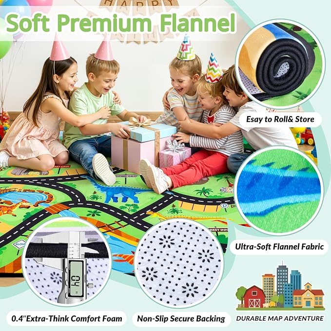 Kids Dinosaur Rug, 5x7 Ft Car Rug Play Mat for Kids | Extra Thick 0.4 in Soft Non-Slip Car Carpet Play Dino Rug with Realistic Roads for Toy Cars,Bedroom, Playroom & Nursery